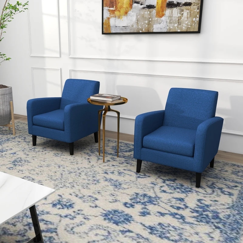 HOMCOM 2 Pieces Modern Armchairs with Rubber Wood Legs, Upholstered Accent Chairs, Single Sofa for Living Room, Bedroom, Blue