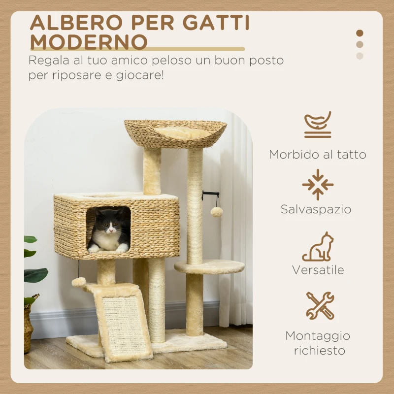 PawHut Albero Tiragraffi per Gatti con Casetta, Trespolo e Pallina, in Legno e Poliestere, 60x40x95 cm, Marrone e Beige