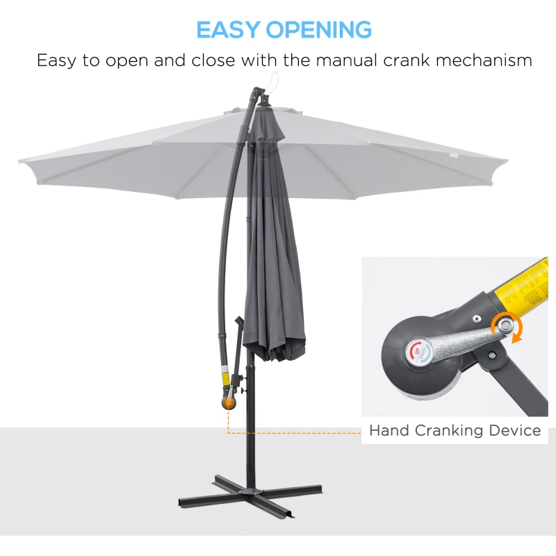 Outsunny 3(m) Garden Parasol Sun Shade Patio Banana Hanging Umbrella Cantilever with Crank Handle and Cross Base Grey