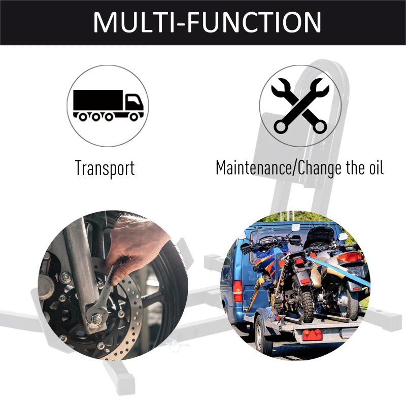 HOMCOM Suport pentru Motocicletă Reglabil pe 3 Nivele, Sistem de Blocare Roți Motocicletă în Metal cu Găuri, 60x55x43 cm, Negru