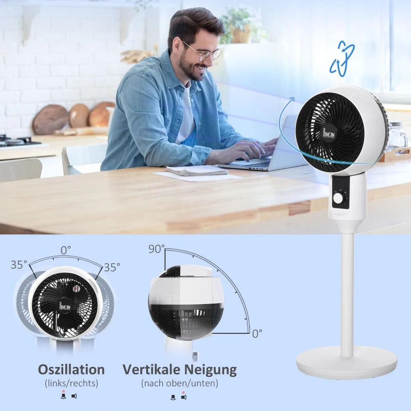 HOMCOM Standventilator Ventilator Lüfter 3 Geschwindigkeitsstufen Luftzirkulator Umluftventilator Verstellbarer 70° Oszillation Kunststoff Stahl Ø28 x 80H cm