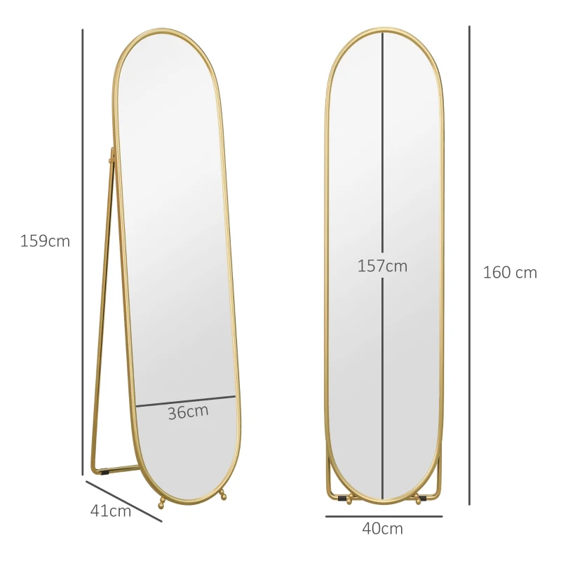 HOMCOM Staande Spiegel, Ovale Vorm, Vrijstaand/Wandmontage, Metalen Frame, 40x160cm, Kleur: Goud(m-3)