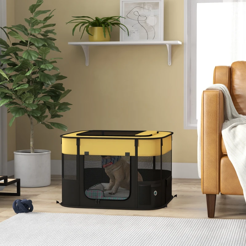 PawHut Foldable Dog Pen with Storage Bag for Indoor/Outdoor Use, Portable Pet playpen, with Ground Stakes - Yellow