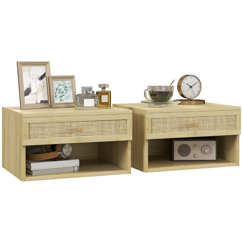 HOMCOM Set de 2 Noptiere Plutitoare, Noptiere cu Sertar din Ratan și Raft Deschis pentru Dormitor, 40x34x23 cm, Lemn Natural