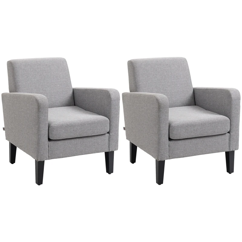 HOMCOM 2 Pieces Modern Armchairs with Rubber Wood Legs, Upholstered Accent Chairs, Single Sofa for Living Room, Bedroom, Light Grey