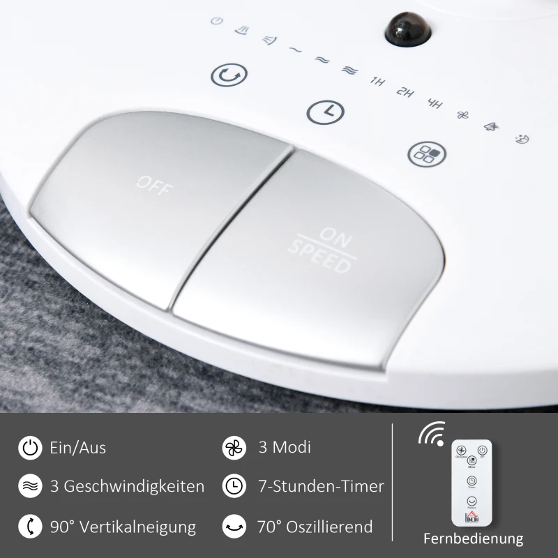 HOMCOM Standventilator 7h Timer Ventilator mit Fernbedienung Lüfter 3 Geschwindigkeitsstufen Verstellbarer 70° Neigungswinkel Kunststoff Stahl Ø28 x 70H cm