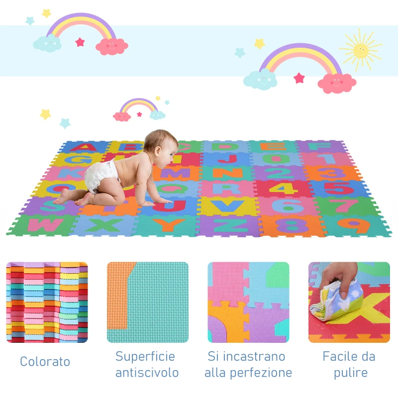 HOMCOM Tappeto Puzzle per Bambini 36 Pezzi, Numeri da 0 a 9 e 26 Lettere, Morbido e Antiscivolo