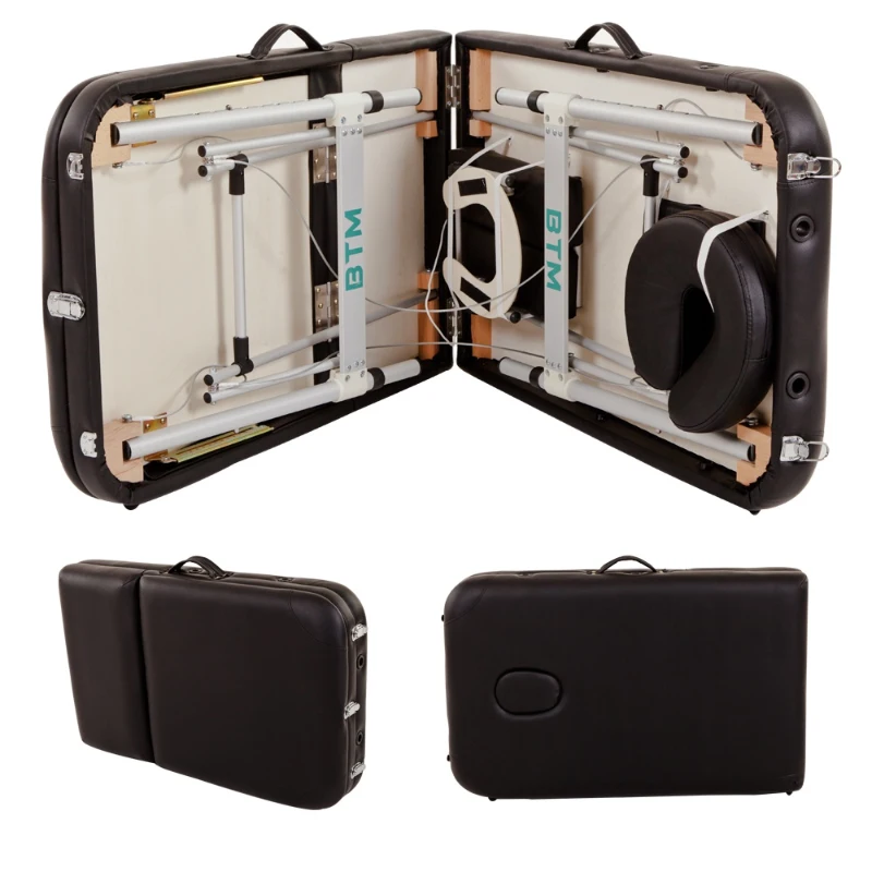 Portable Aluminium Massage Table, 3-Section Foldable Couch Bed with Adjustable Headrest, Arm Support, and Carrying Bag, Black