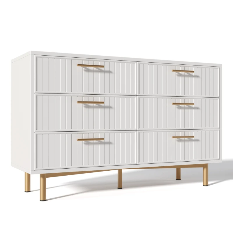 Modern Sideboard Cabinet for Living Room, 6-Drawer Chest with Metal Base and Decorative Handles, 120x40x75.5 cm, White