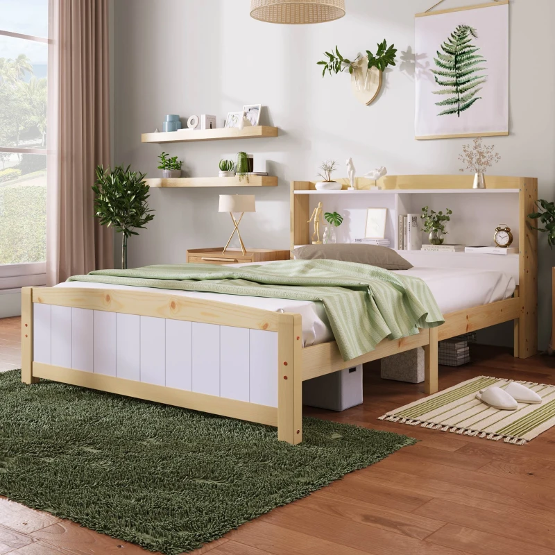 Wooden Double Bed Frame with Storage Headboard, Durable Construction, Ideal for Any Room, Suitable for Adults Kids, 4FT 6 Size, 135x190 cm, White
