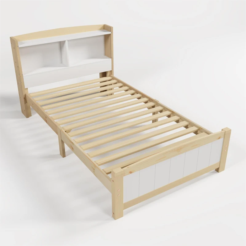 Solid Wooden Single Bed Frame with Storage Headboard, 3FT (90x190 cm) - No Box Spring Needed, Durable Construction, White