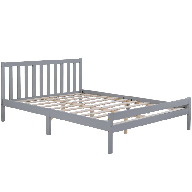 Solid Wooden Double Bed Frame, 4ft6 with Headboard and Footboard, Bedroom Furniture, No Box Spring Required, 196x140x77 cm, Grey