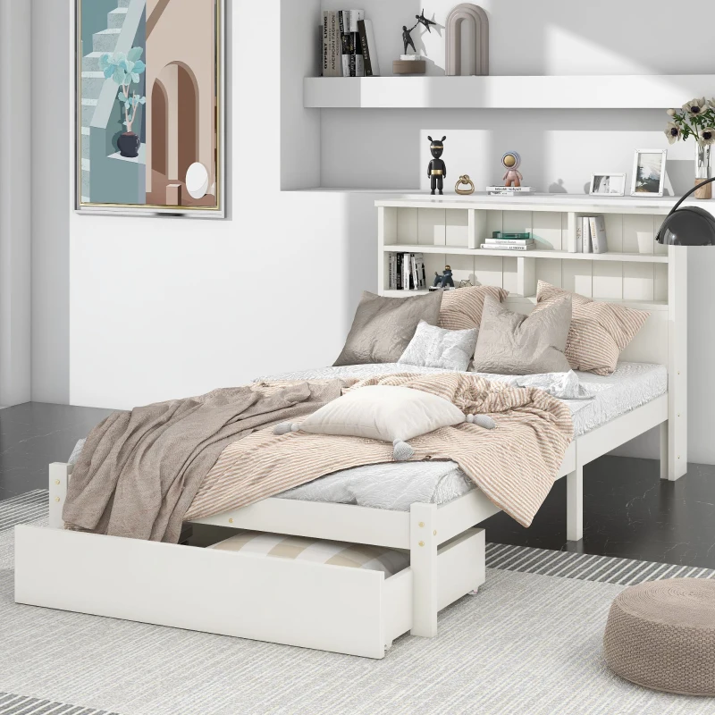 3ft Single Bed with Drawers, Modern Style Pinwood Structure, Balance Aesthetic and Practicality - White