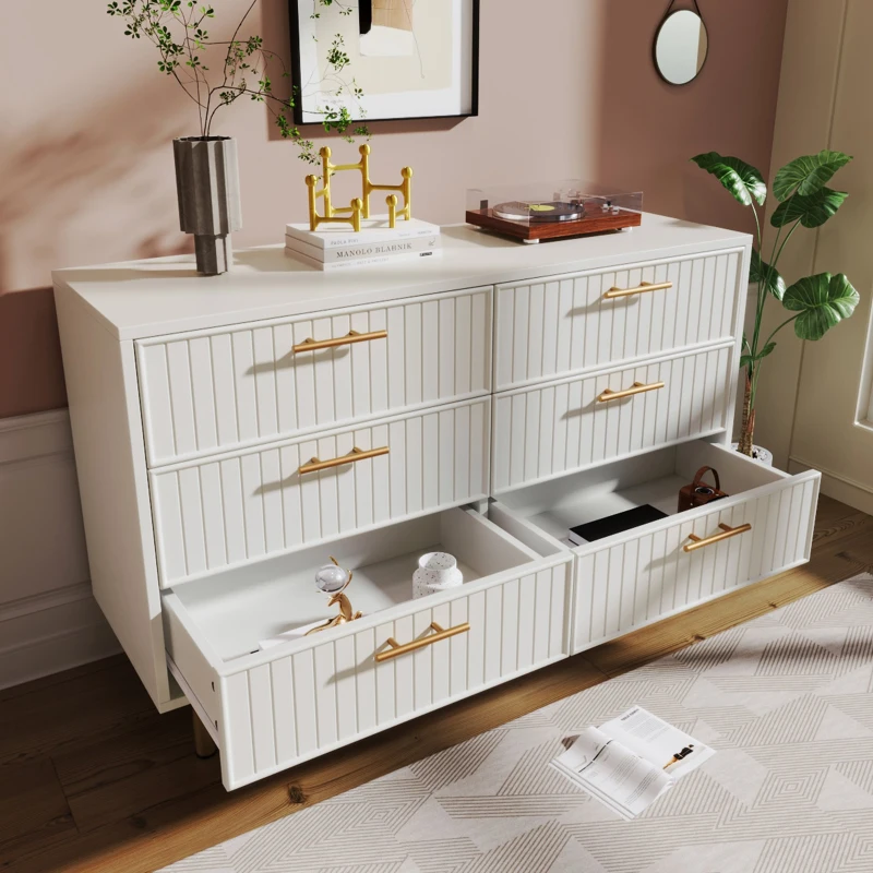 Modern Sideboard Cabinet for Living Room, 6-Drawer Chest with Metal Base and Decorative Handles, 120x40x75.5 cm, White