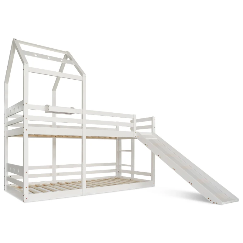 Wooden Tree House Bunk Bed with Slide and Ladder, Toddler Bed Frame for Kids, 90x190 cm, EN 747-1:2012+A1:2015 Certified, White
