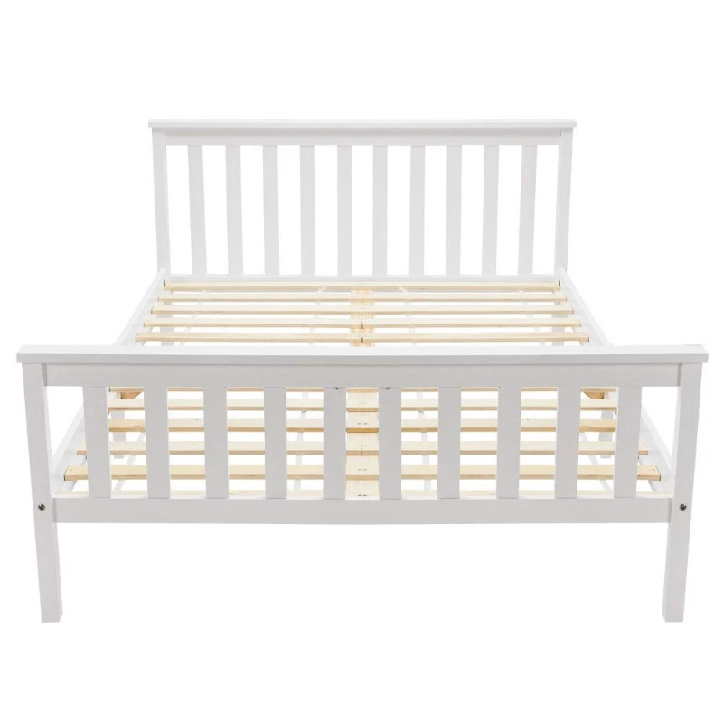 Double Wooden Bed Frame 4ft6, Pine Wood with Eco-Friendly Finish, No Box Spring Required, Bedroom Furniture, 198x141x82 cm, White