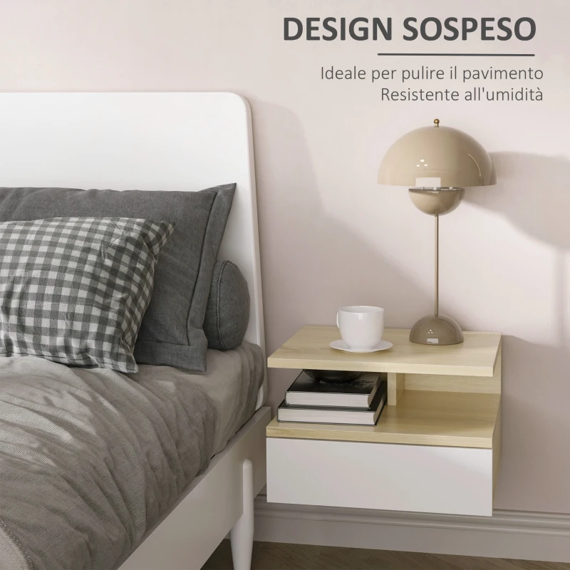 HOMCOM Set da 2 Comodini Sospesi con Cassetto e Ripiano Superiore, in Legno, 35x32x22.5 cm, Bianco e Rovere