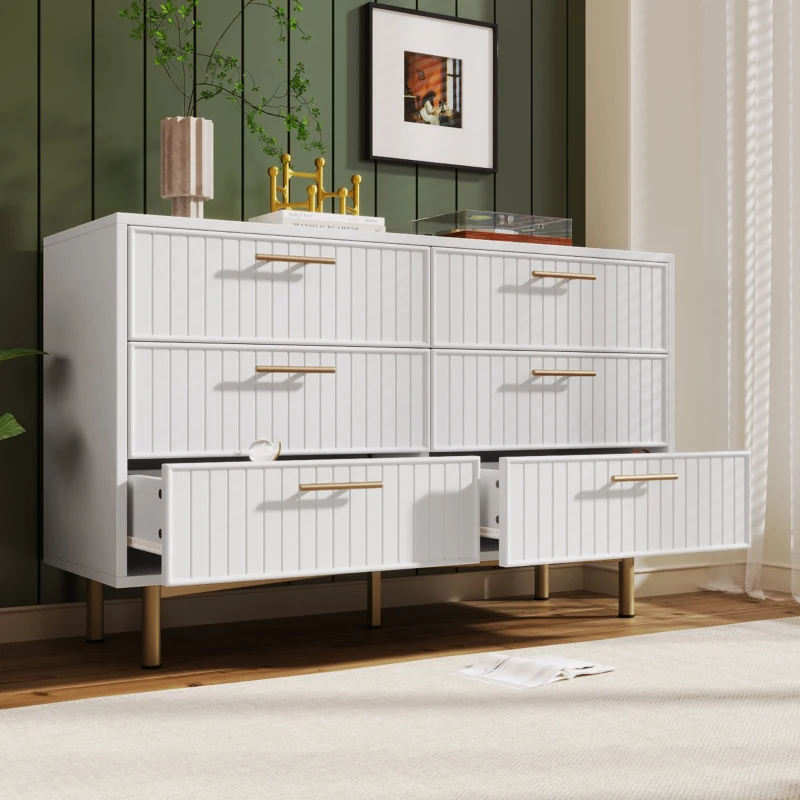 Modern Sideboard Cabinet for Living Room, 6-Drawer Chest with Metal Base and Decorative Handles, 120x40x75.5 cm, White