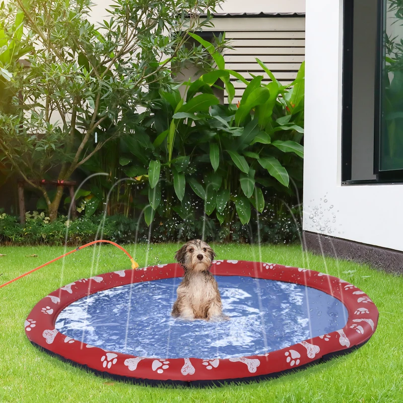 PawHut 150cm Splash Pad Sprinkler for Pets Dog Bath Pool Water Game Mat Toy Non-slip Outdoor Backyard Red