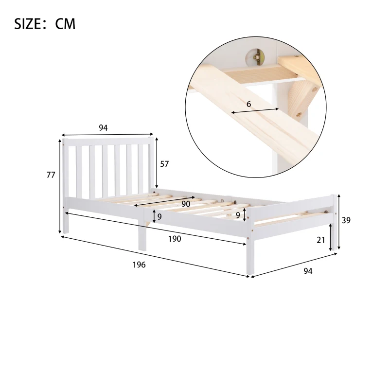 Solid Wooden Single Bed Frame 3ft with Headboard and Footboard, No Box Spring Required, Easy Assembly, 196x94x77 cm, White