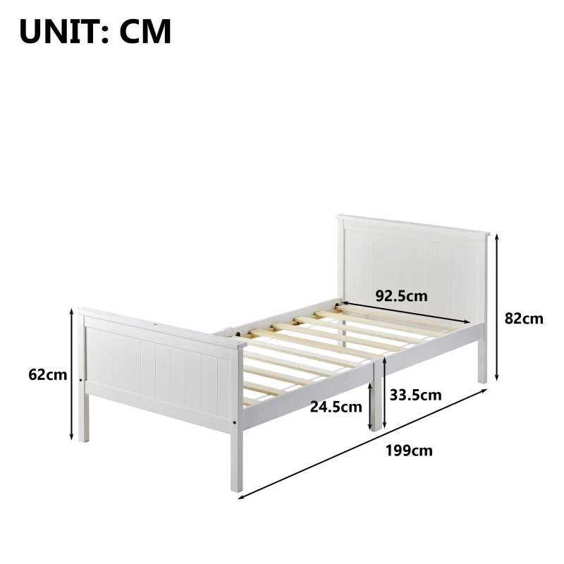 Wood Bed Frame with Headboard and Footboard, Single Bed for Kids or Guest Room, Bedroom Furniture, 199x96x82 cm, White