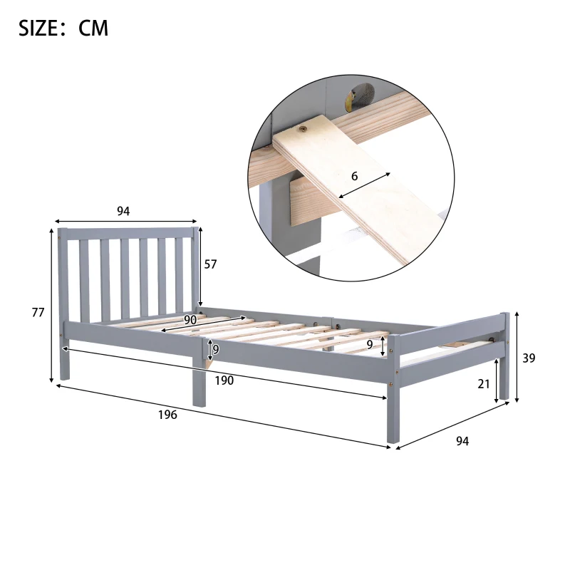 3ft Single Bed Frame with Headboard, Footboard, Wood Slat Support, Easy Assembly, Daybed for Teenagers, Adults, 196x94x77 cm, Grey