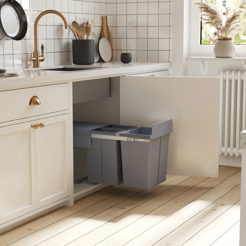 Homcom Cos Gunoi Ecologic 40L – 3 Compartimente Separate, Gri