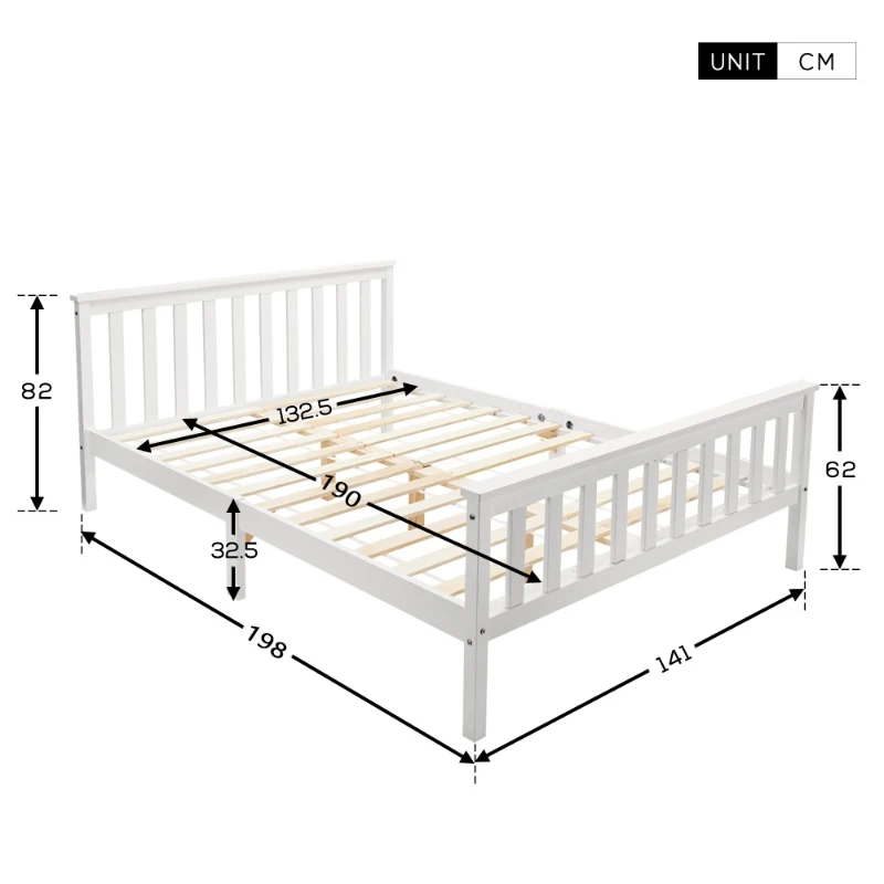 Double Wooden Bed Frame 4ft6, Pine Wood with Eco-Friendly Finish, No Box Spring Required, Bedroom Furniture, 198x141x82 cm, White