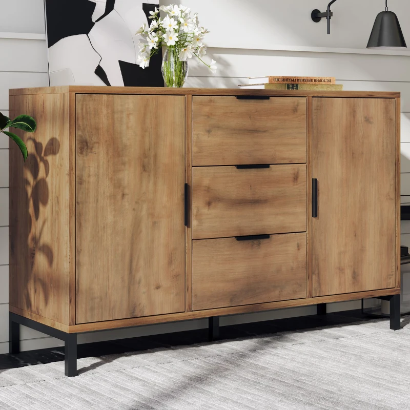 Living Room Sideboard Cabinet, 2 Doors and 3 Drawers with Adjustable Shelf, Modern Storage Cabinet, 120x40x76 cm, Dark Oak