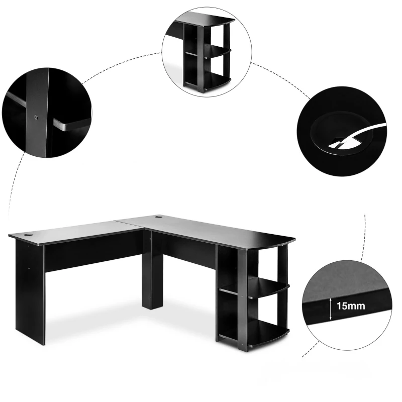 L-Shaped Corner Computer Desk with Storage Shelves, Large Home Office Gaming Desk, Easy Assembly, 140x140x75 cm, Black