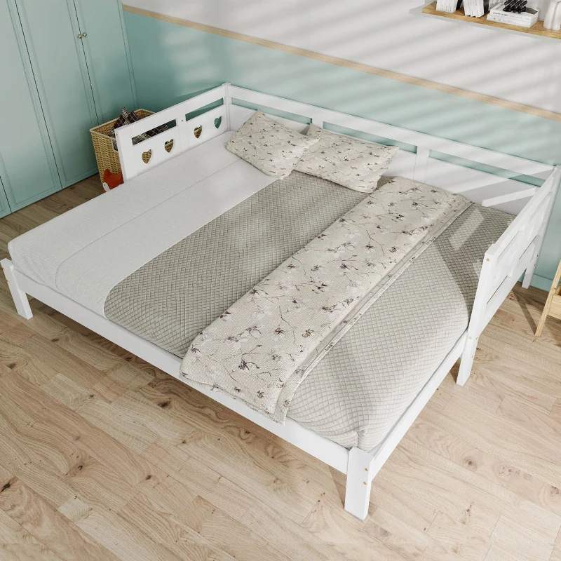 Heart-Shaped Wooden Daybed Frame with Pull-Out Trundle, 3FT Single Sofa Bed for Children Adults, Guest bed for Living Room, 196x98-187x66 cm, White