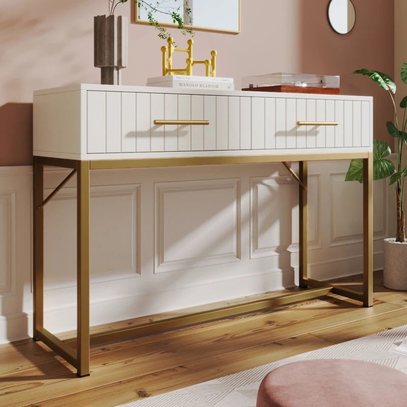 Modern Dressing Table with 2 Drawers, Highboard Bedroom Chest, Particle Board and Metal Construction - 75x100x45 cm, White