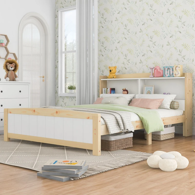 Wooden Double Bed Frame with Storage Headboard, Durable Construction, Ideal for Any Room, Suitable for Adults Kids, 4FT 6 Size, 135x190 cm, White