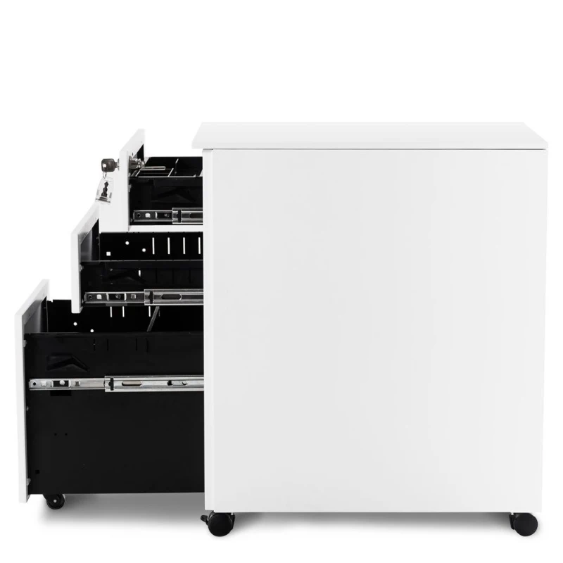 Lockable Mobile File Cabinet with 3 Drawers, Solid Steel Pedestal with 5 Casters and Keys, 39x52x60 cm, White