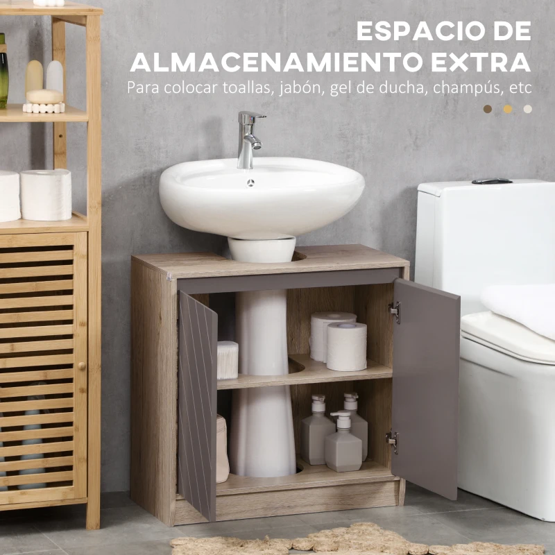 HOMCOM Conjunto de 1 Mueble para Debajo del Lavabo 1 Armario de Baño con Espejo y 1 Columna de Baño Roble y Gris