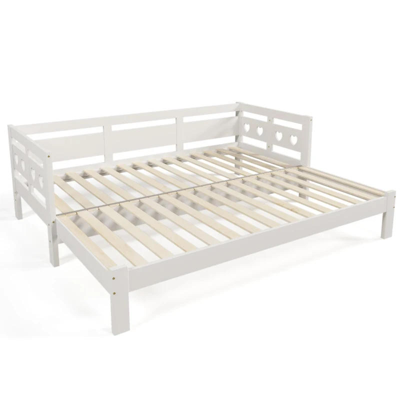 Heart-Shaped Wooden Daybed Frame with Pull-Out Trundle, 3FT Single Sofa Bed for Children Adults, Guest bed for Living Room, 196x98-187x66 cm, White