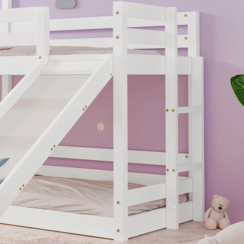 Wooden Tree House Bunk Bed with Slide and Ladder, Toddler Bed Frame for Kids, 90x190 cm, EN 747-1:2012+A1:2015 Certified, White