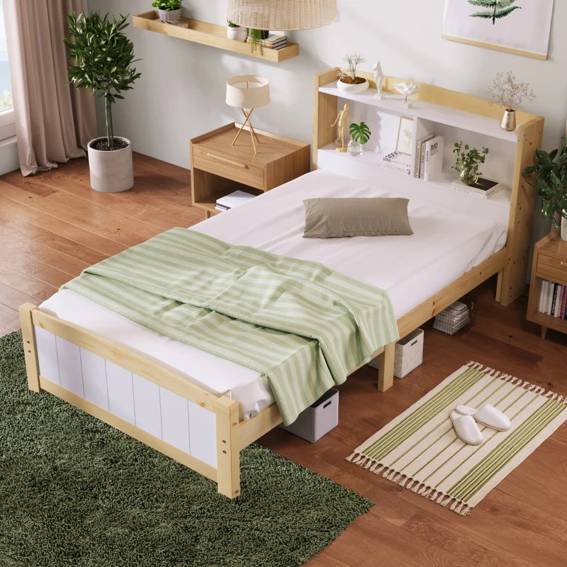 Solid Wooden Single Bed Frame with Storage Headboard, 3FT (90x190 cm) - No Box Spring Needed, Durable Construction, White