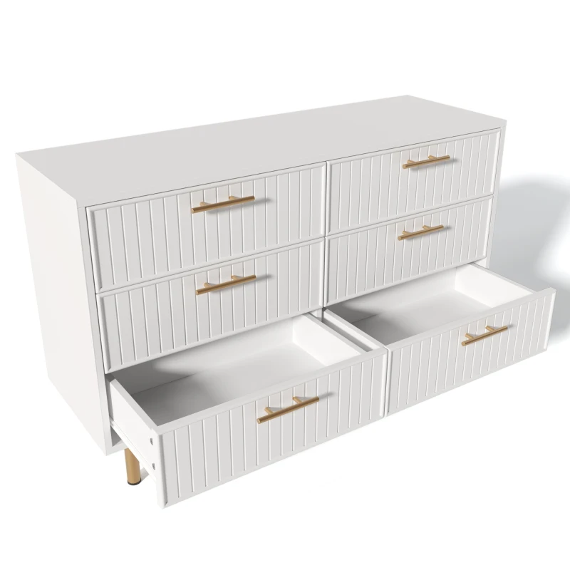 Modern Sideboard Cabinet for Living Room, 6-Drawer Chest with Metal Base and Decorative Handles, 120x40x75.5 cm, White
