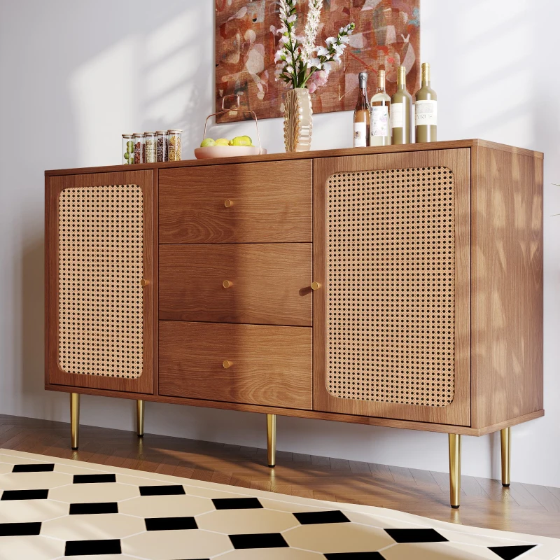 Modern Sideboard Cabinet with Adjustable Shelf, 2 Doors and 3 Storage Drawers, Freestanding Chest of Drawers for Bedroom, Living Room, Walnut