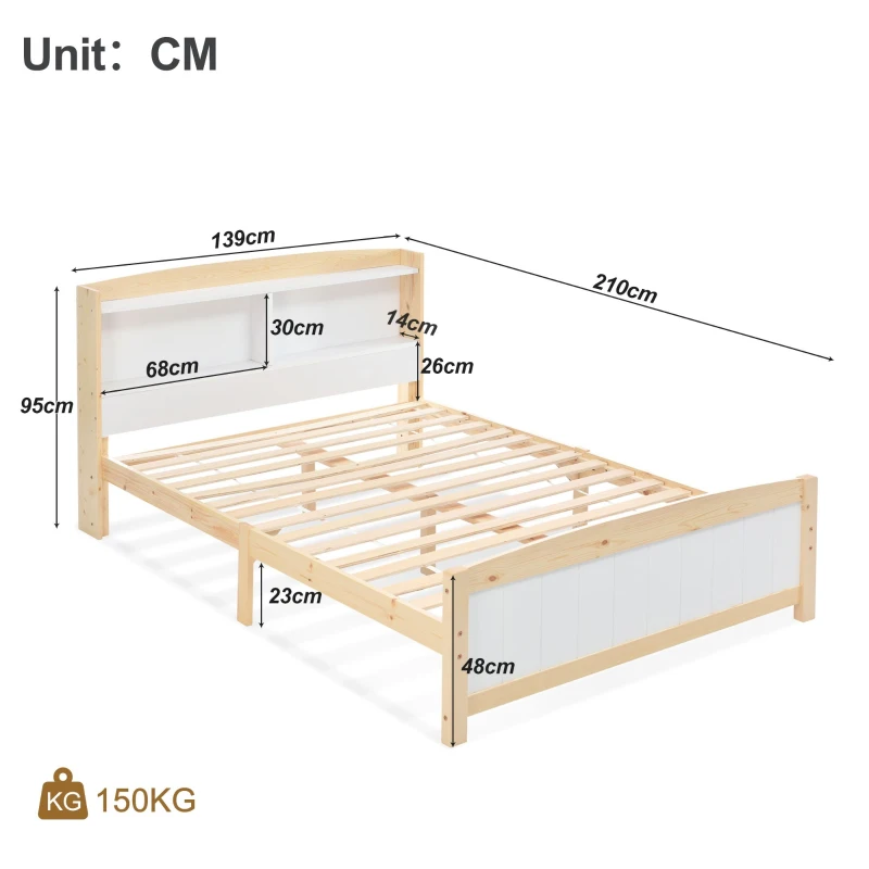 Wooden Double Bed Frame with Storage Headboard, Durable Construction, Ideal for Any Room, Suitable for Adults Kids, 4FT 6 Size, 135x190 cm, White