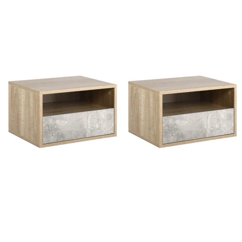 HOMCOM Set de 2 Noptiere Suspendate cu Sertar si Etajera 45x35x27.5cm - Gri/Culoare Lemn(m-10)