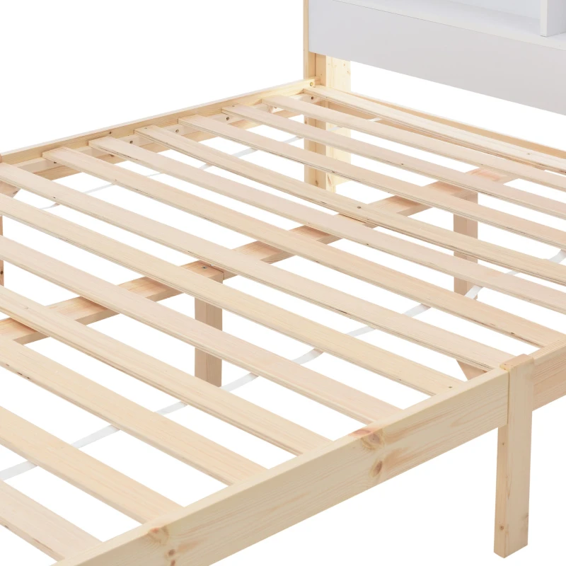 Wooden Double Bed Frame with Storage Headboard, Durable Construction, Ideal for Any Room, Suitable for Adults Kids, 4FT 6 Size, 135x190 cm, White