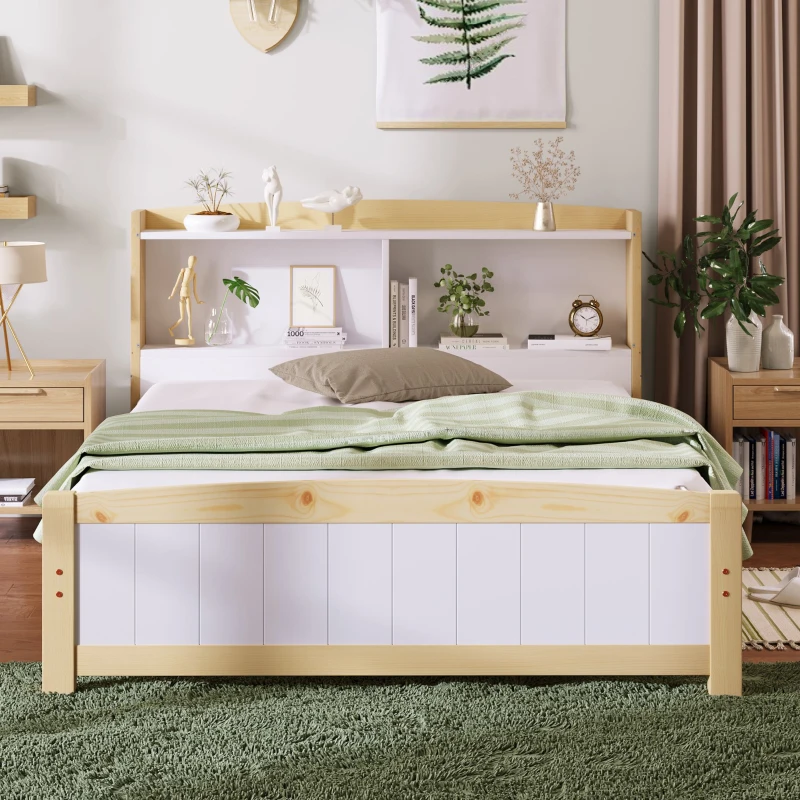 Wooden Double Bed Frame with Storage Headboard, Durable Construction, Ideal for Any Room, Suitable for Adults Kids, 4FT 6 Size, 135x190 cm, White