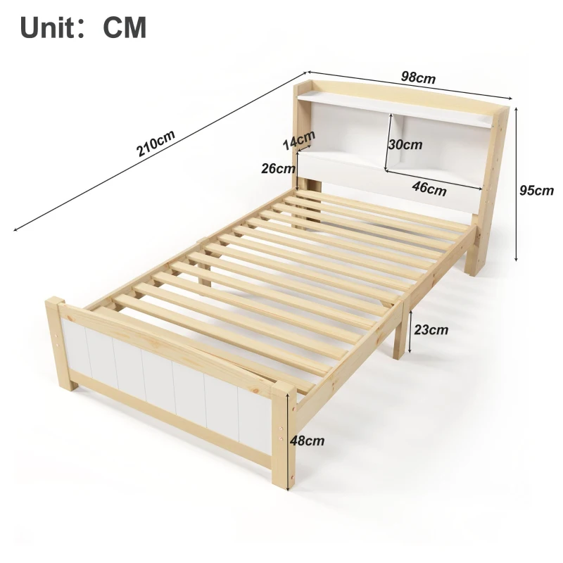 Solid Wooden Single Bed Frame with Storage Headboard, 3FT (90x190 cm) - No Box Spring Needed, Durable Construction, White