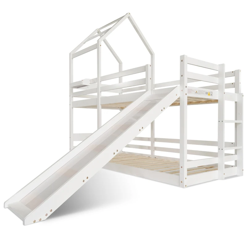 Wooden Tree House Bunk Bed with Slide and Ladder, Toddler Bed Frame for Kids, 90x190 cm, EN 747-1:2012+A1:2015 Certified, White