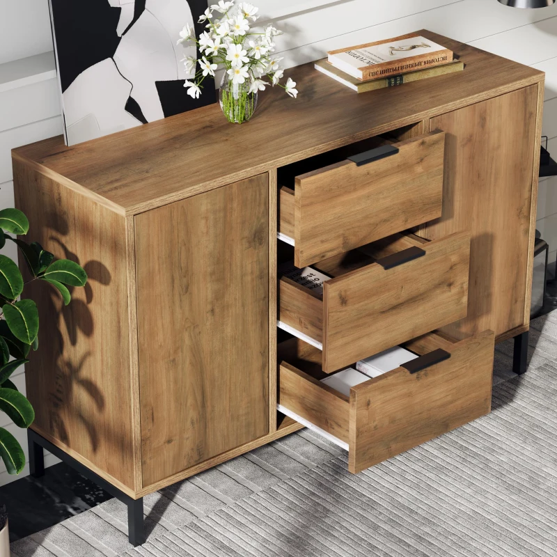 Living Room Sideboard Cabinet, 2 Doors and 3 Drawers with Adjustable Shelf, Modern Storage Cabinet, 120x40x76 cm, Dark Oak