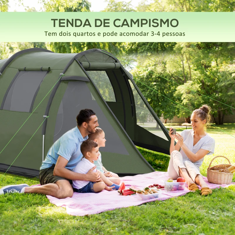 Outsunny Tenda de Campismo para 3-4 Pessoas Impermeável PU2000 mm com Proteção UV30+ Janelas e Bolsa de Transporte 475x264x172 cm Verde