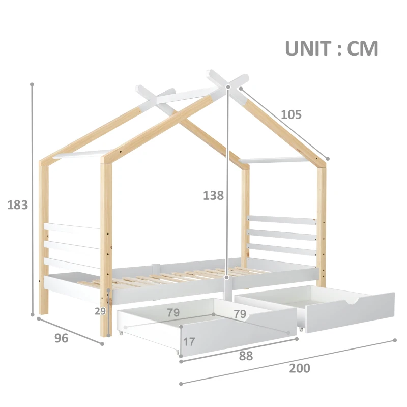 Children's House Tree Canopy Single Bed with Underbed Storage Drawers, Solid Pine Wood and MDF, Safety Rail Guards, 200x96x183 cm, Natural