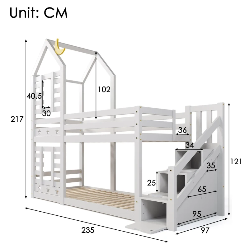 Children's Cabin Bunk Bed with Stairs, Solid Pine Wood Twin Sleeper with Storage and Underbed Drawers for Kids Boys Girls, 235x97x217 cm, White